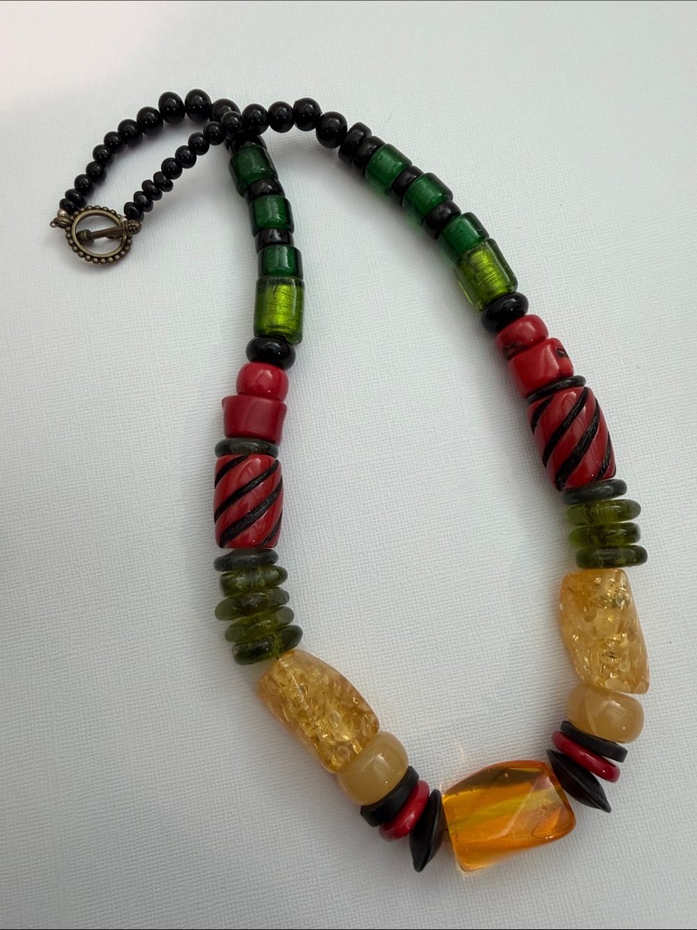 Handcrafted Multicolor Glass, Acrylic, Coral Bead Necklace — Green, Red, Amber